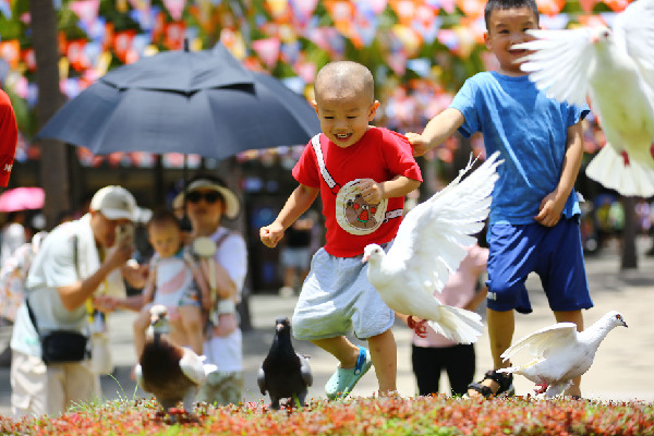 8月5日，小朋友在海南省三亚市南山文化旅游区游玩。新华社发（陈文武 摄）